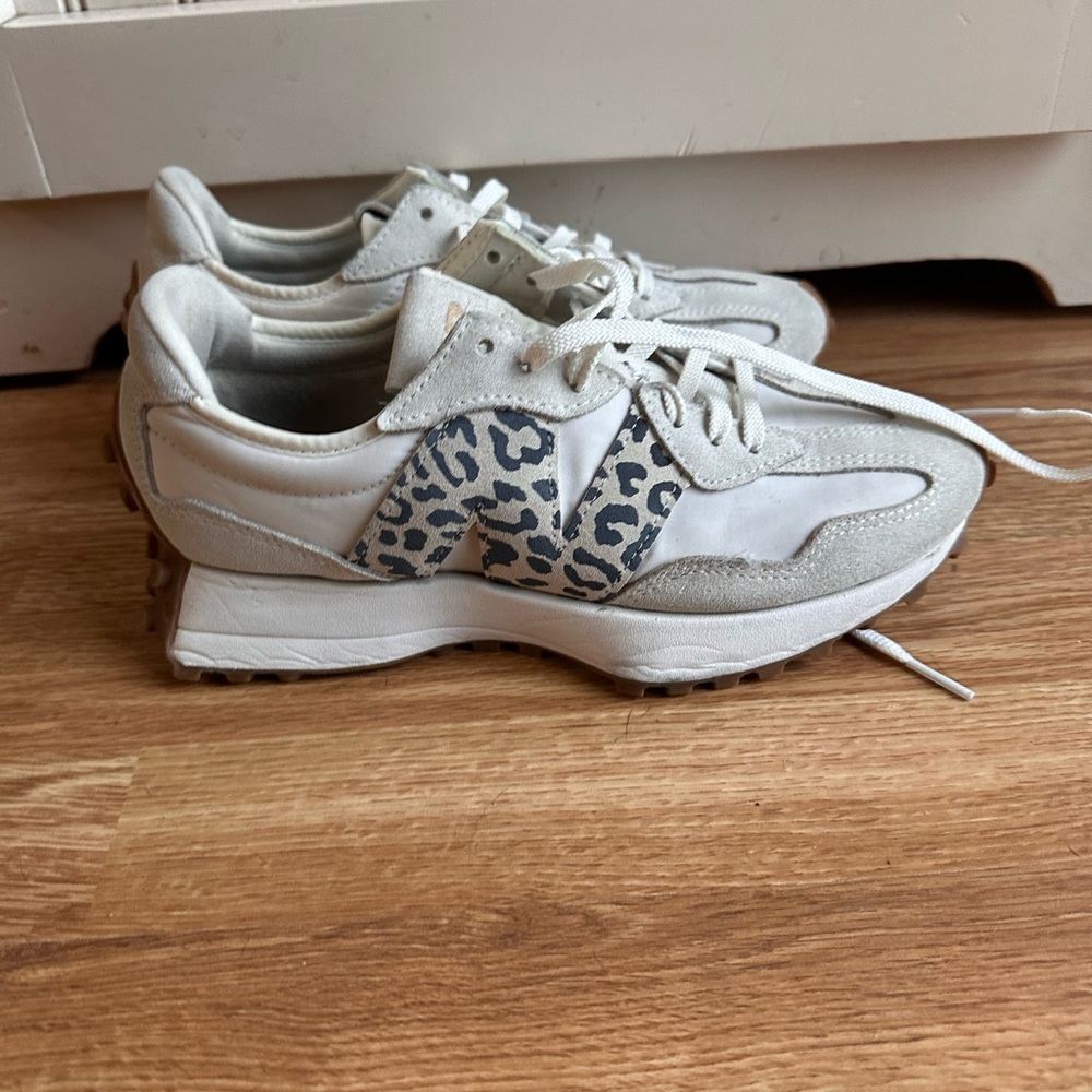 New Balance White and Gray Leopard Print Sneakers